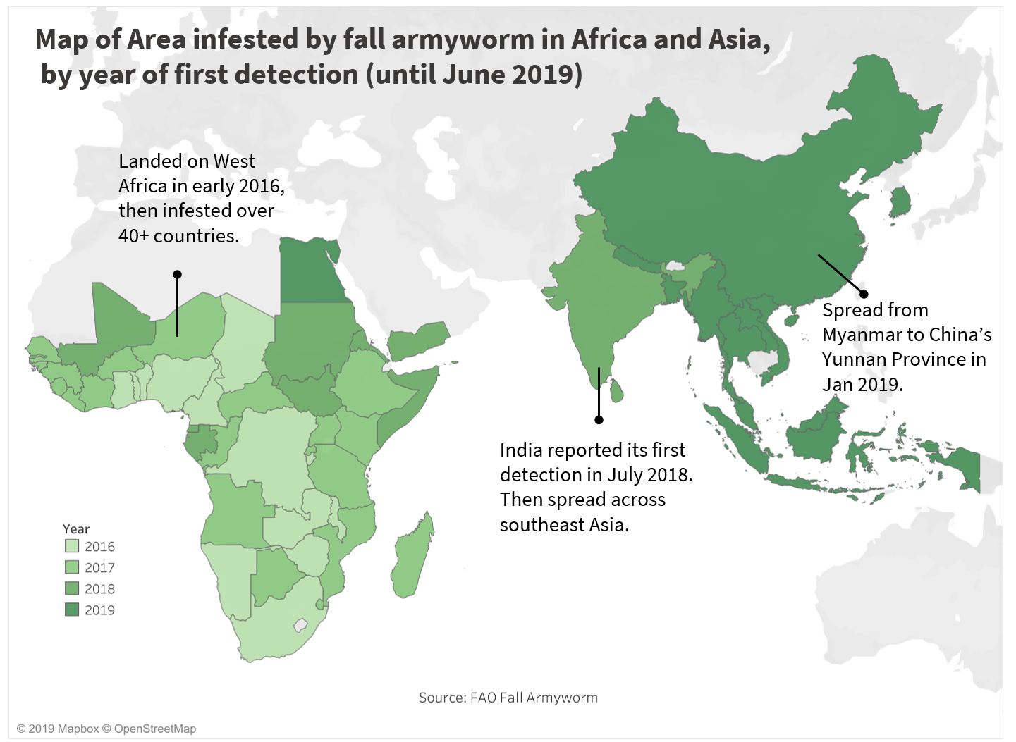 Maps of area infested with fall armyworm in Africa and Asia