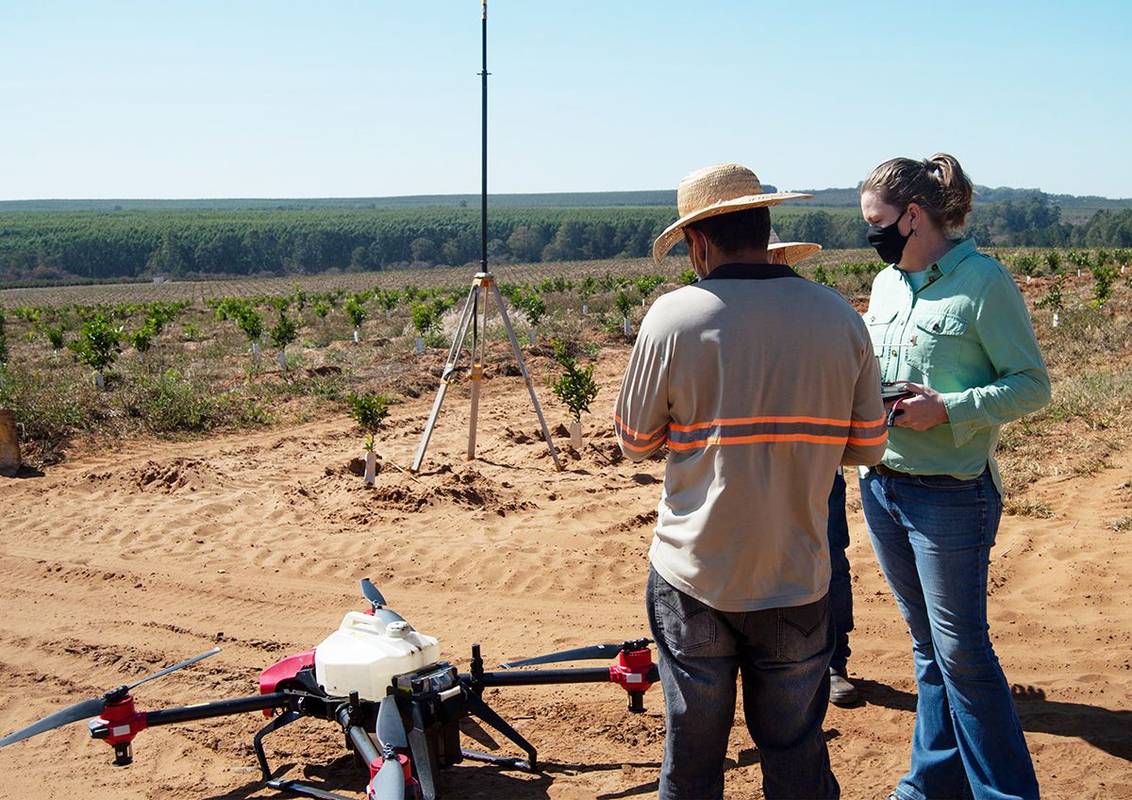 Regina discussed the spraying plan with a drone pilot in Fundecitrus' plantation