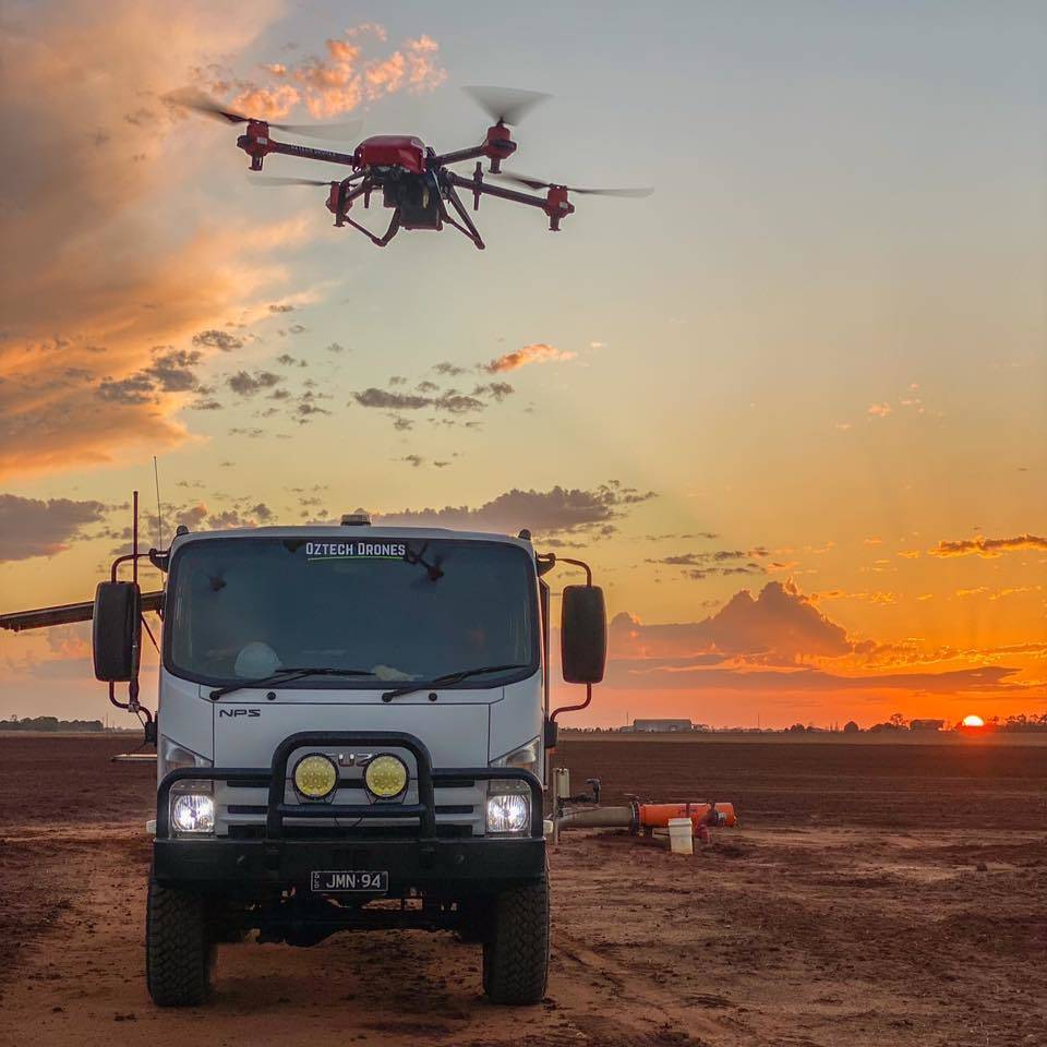 The sun has fallen like a painting, and it was time for the agricultural drone to come back from work and ready to be packed up in the truck for a short break.