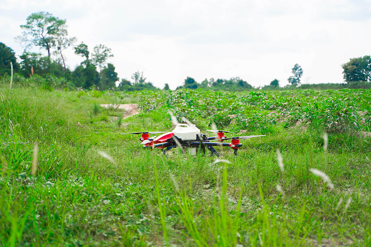 An XAG P Series Agricultural Drone is deployed to the field and ready for take-off mission