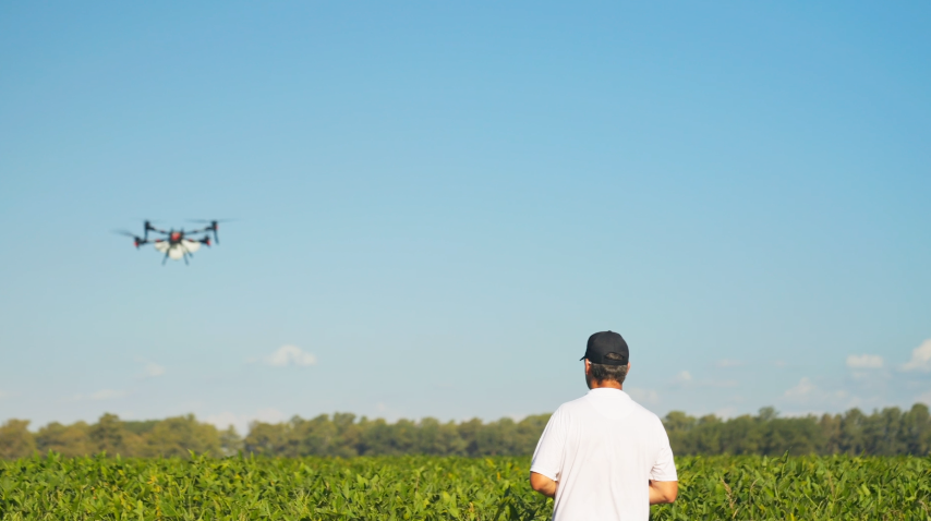 Tomás is controlling his XAG P150 agricultural drone.