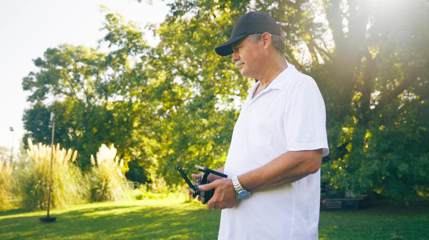 Tomás is controlling the XAG P150 agricultural drone